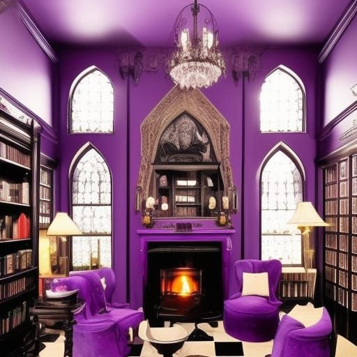 80s dark fantasy penthouse with black walls with granite accents with beautiful gothic windows with purple curtains& pur...