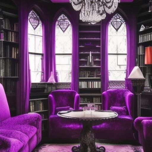 80s dark fantasy penthouse with black walls with granite accents with beautiful gothic windows with purple curtains& pur...