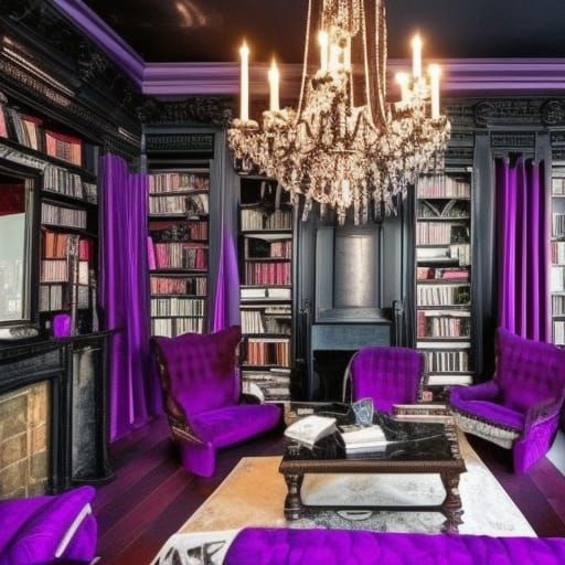 80s dark fantasy penthouse with black walls with granite accents with beautiful gothic windows with purple curtains& pur...