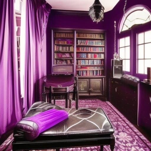 80s dark fantasy penthouse with black walls with granite accents with beautiful gothic windows with purple curtains& pur...