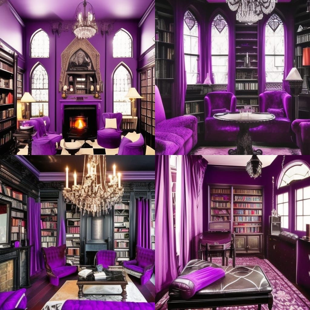 80s dark fantasy penthouse with black walls with granite accents with beautiful gothic windows with purple curtains& pur...
