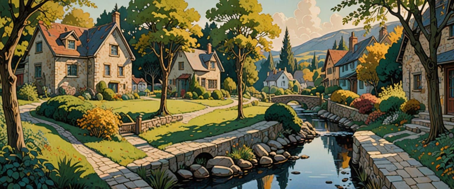 Country Village Scene in Comic Book Style