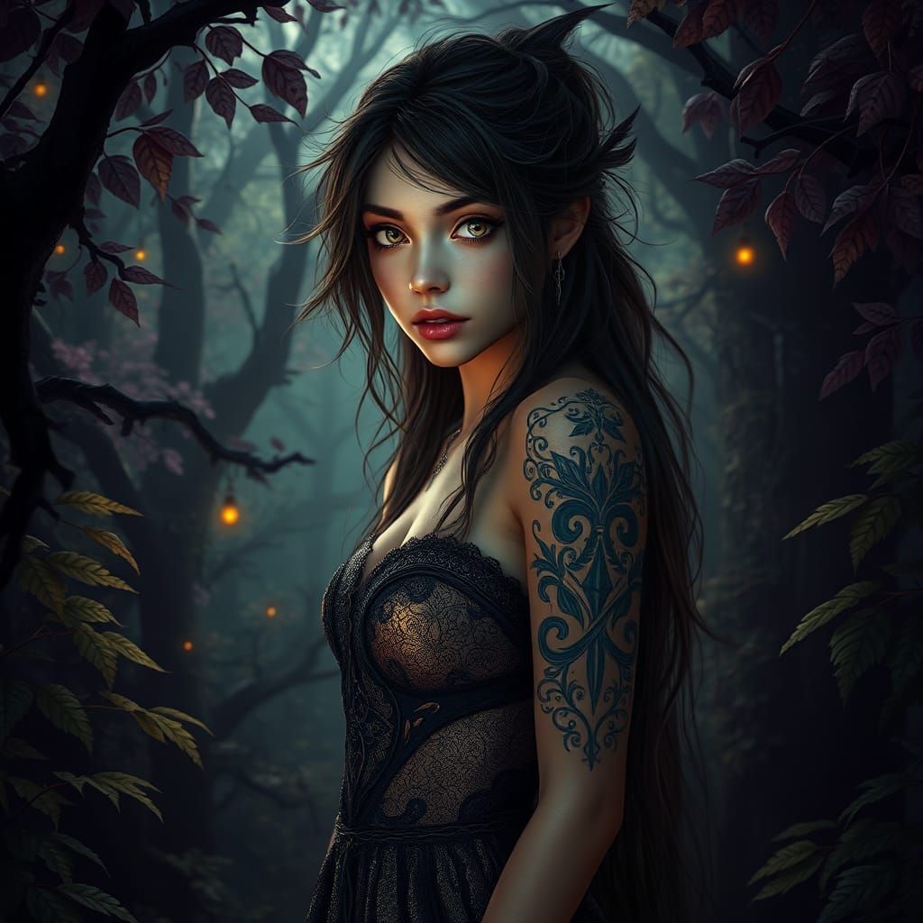 Mystical Faerie in Twilight Forest, Art Nouveau Style