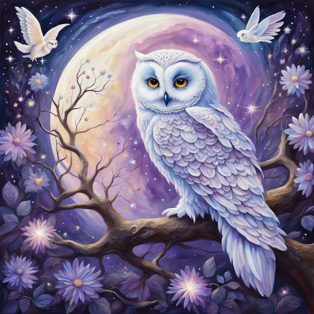 Moonlit Fairy and Owl in Vibrant Pastel Hues
