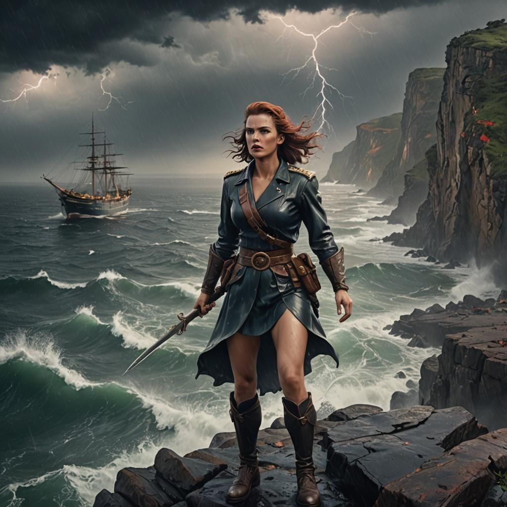 1940s Warrior Woman in Storm on Coastal Cliffs