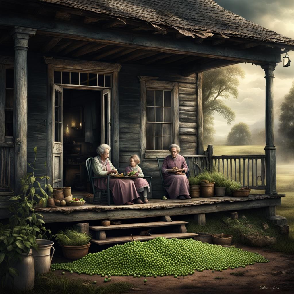 Grandma and Girl Shelling Peas: Digital Matte Painting
