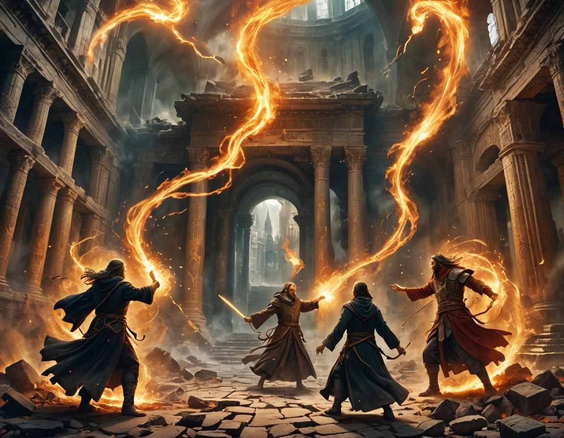 Wizards Clash in Ruined Temple with Magic