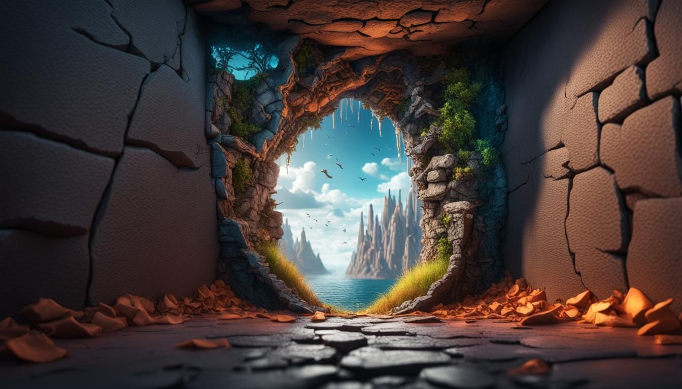 Tiny World in Wall Crack: Detailed Matte Painting