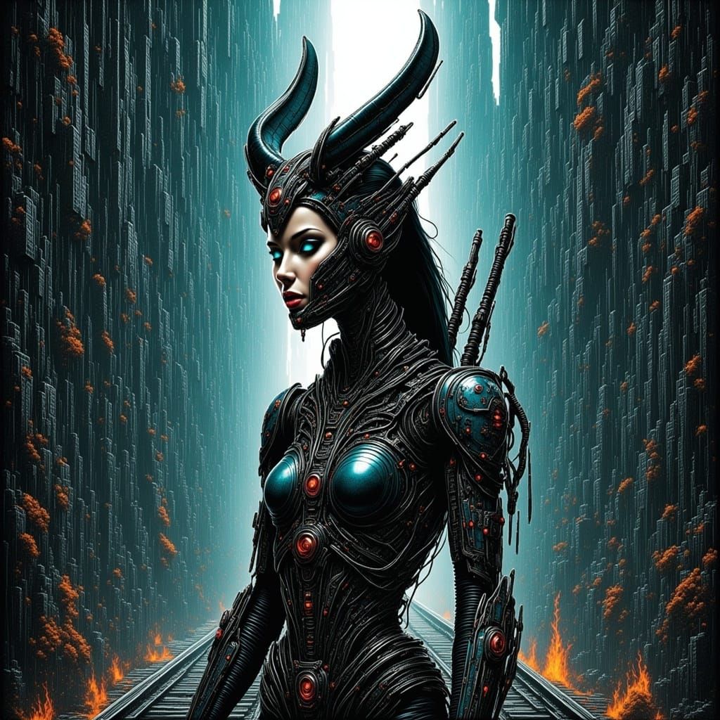 Beautiful Female Cyborg on Waterfall Bridge