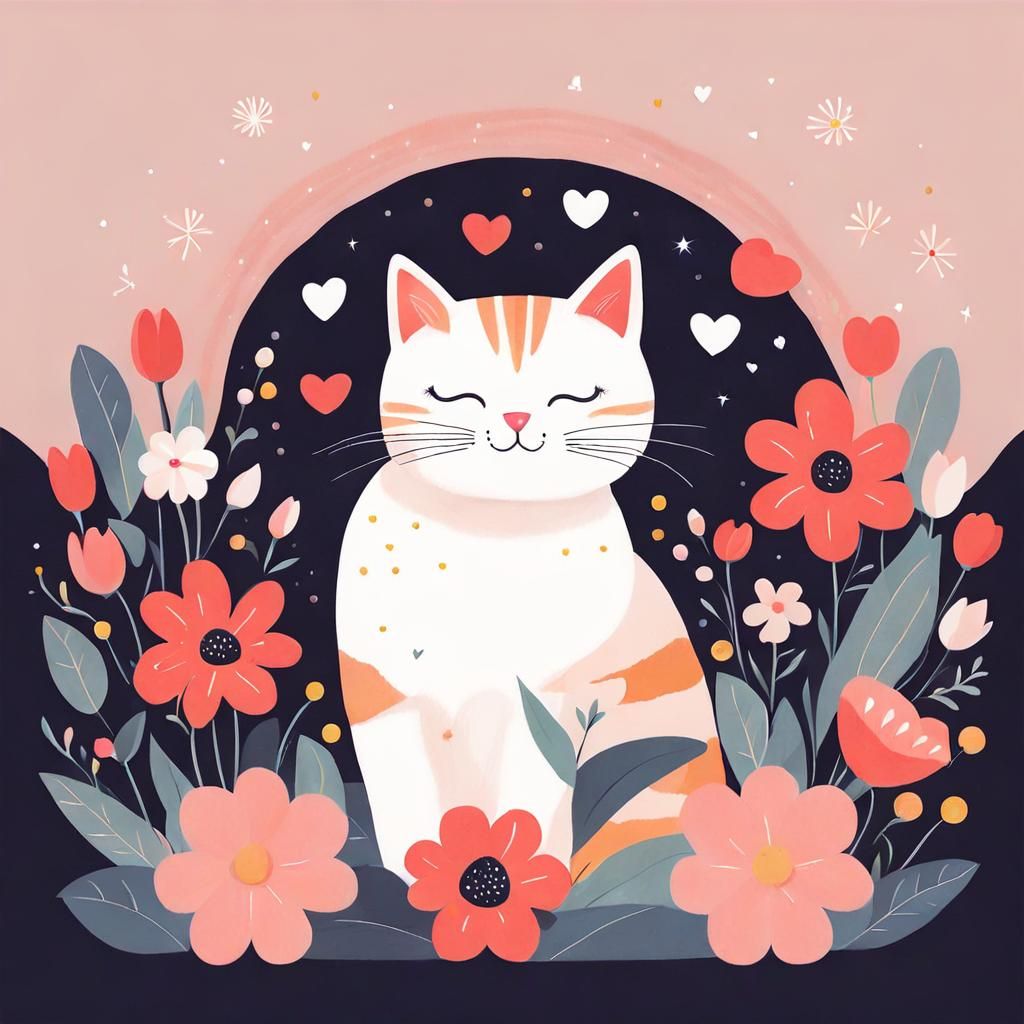 Cute Cat Surrounded by Flowers in Vector Art Style