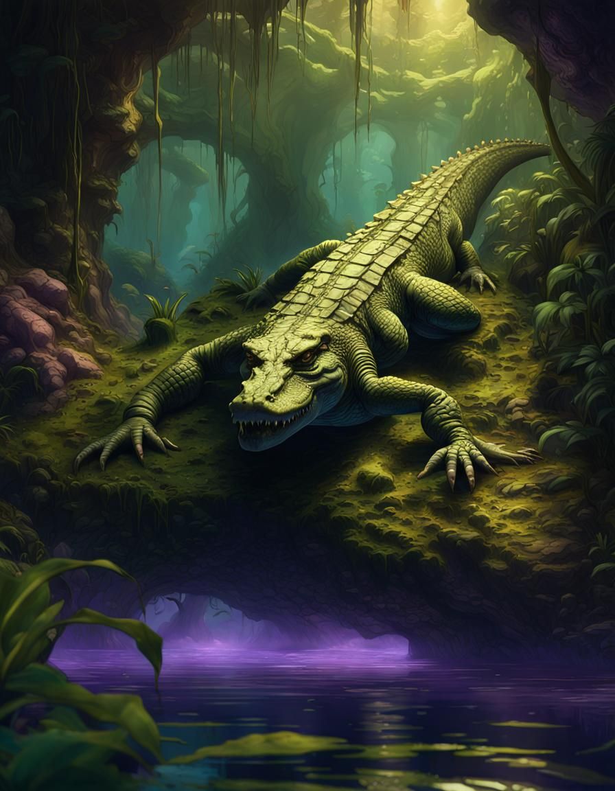 Green Crocodile in Jungle: Dark Fantasy Concept Art