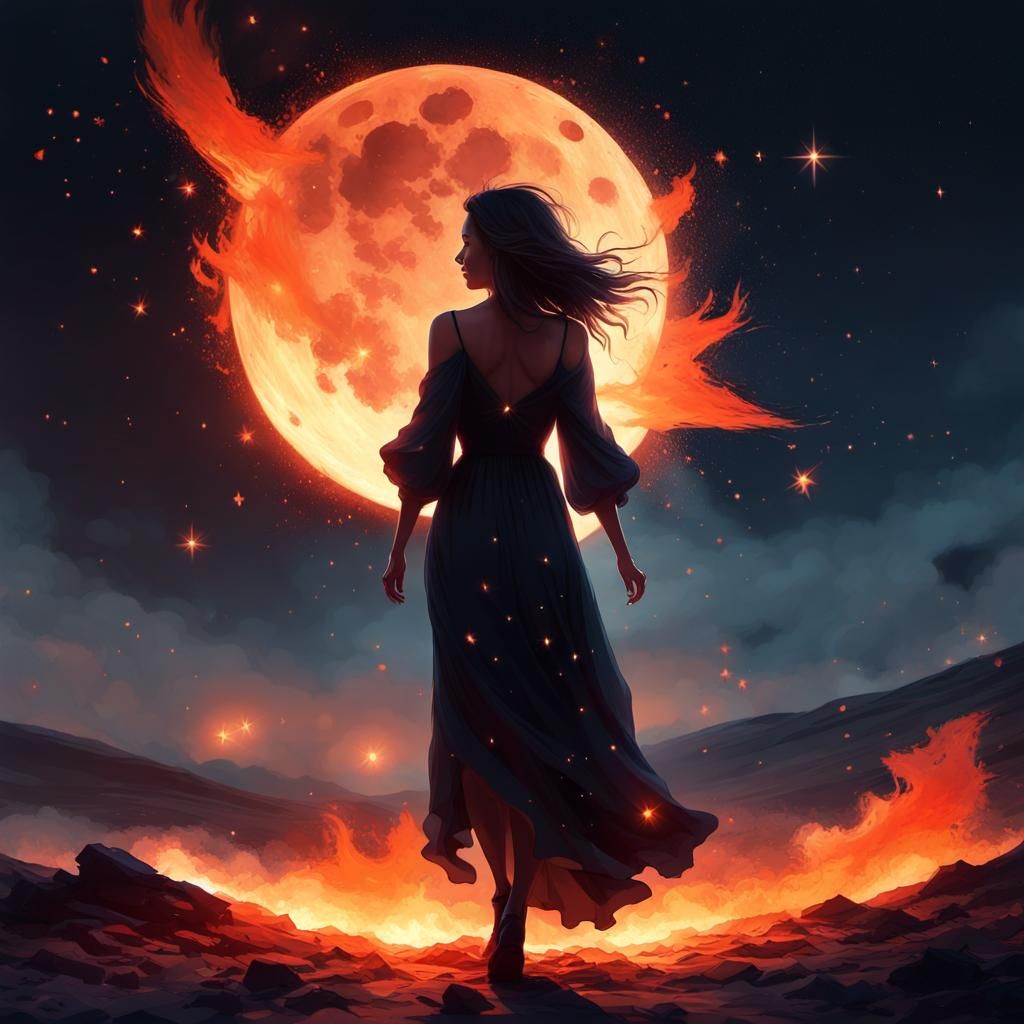 Lonely Woman and Exploding Moon in Digital Art