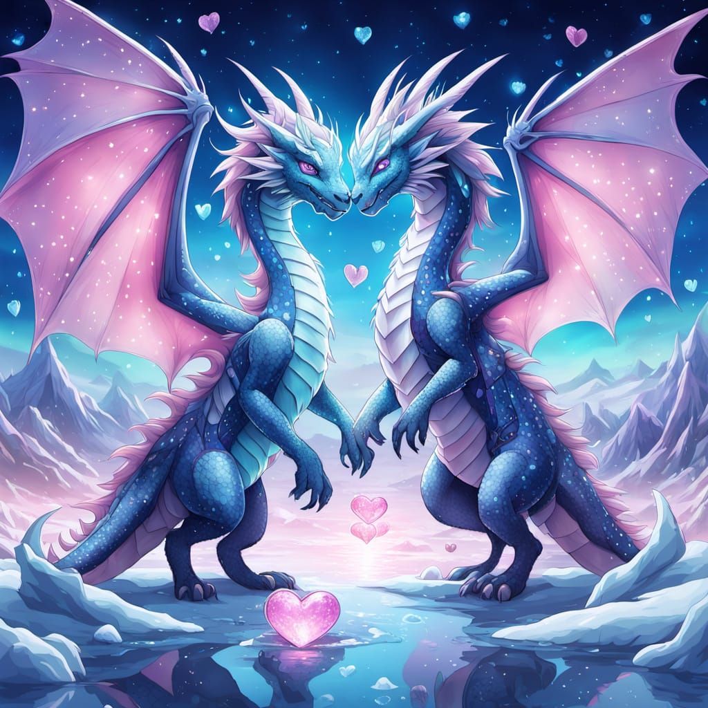 Whimsical Chibi Dragons Dance Under Icy Northern Lights