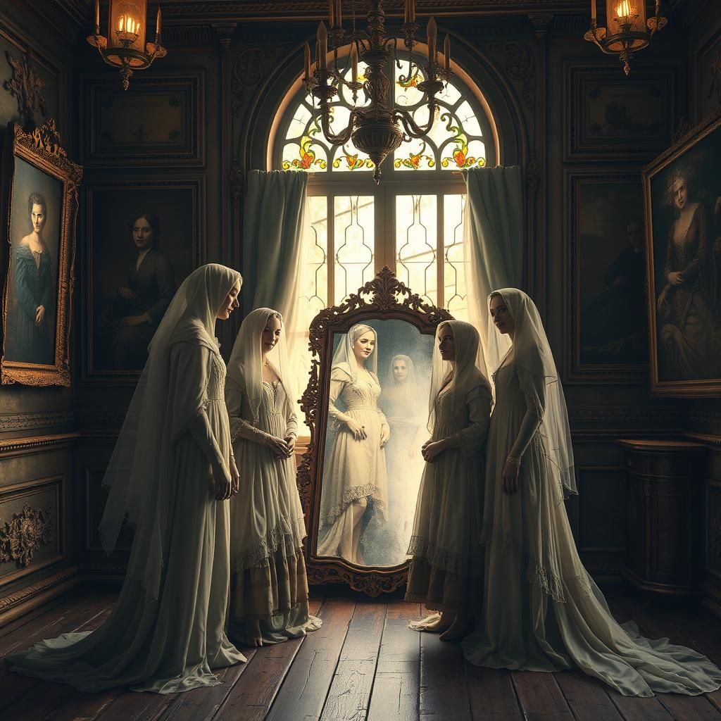 Victorian Ghost Family Gazing into Antique Mirror