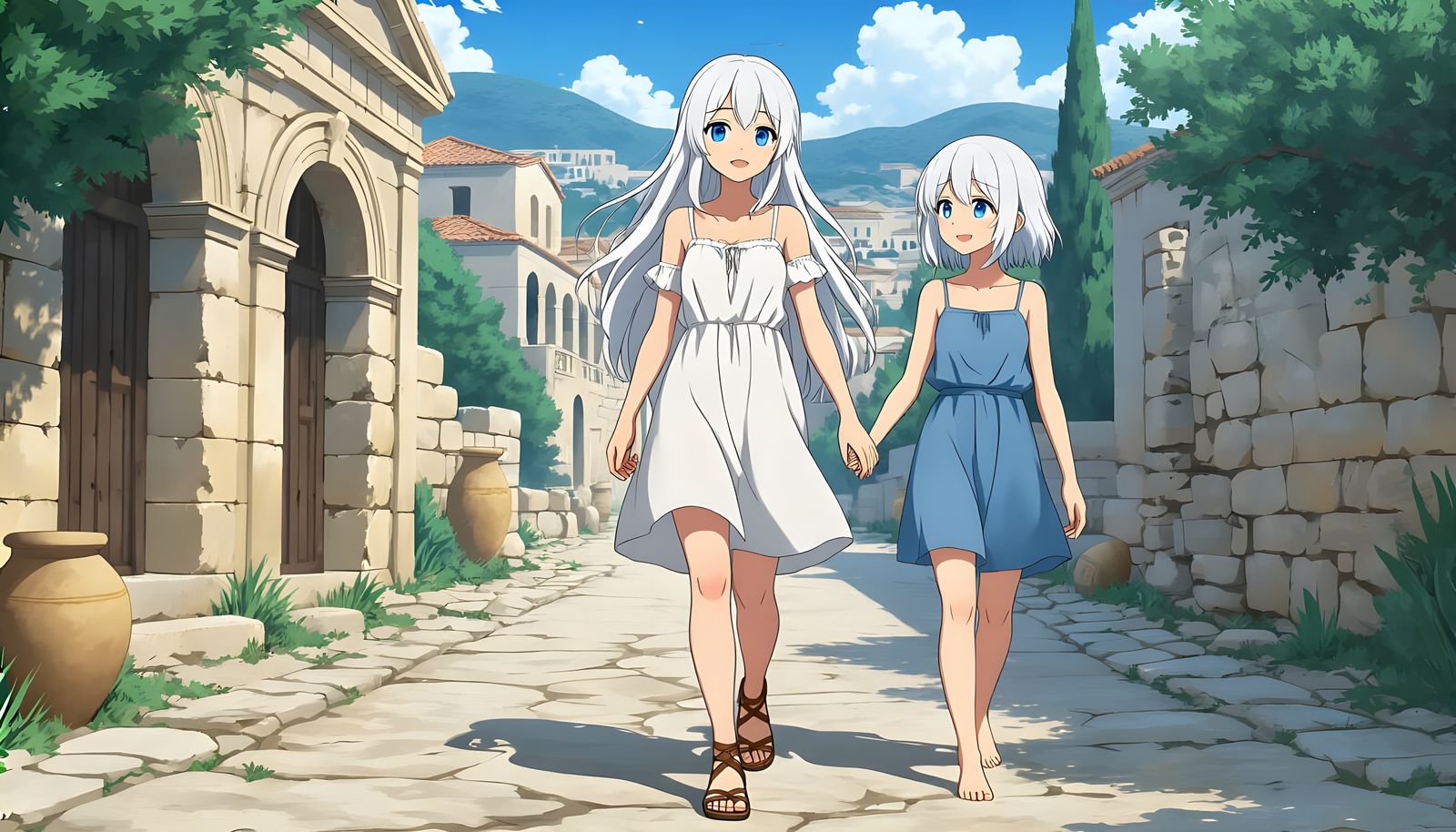Two Girls Walking in Ancient Greek City: Anime Style