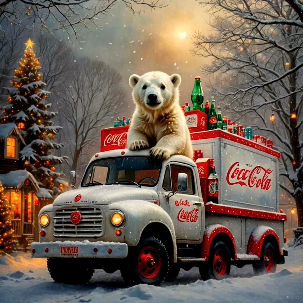 Adorable Polar Bear Cub on Christmas Coke Truck