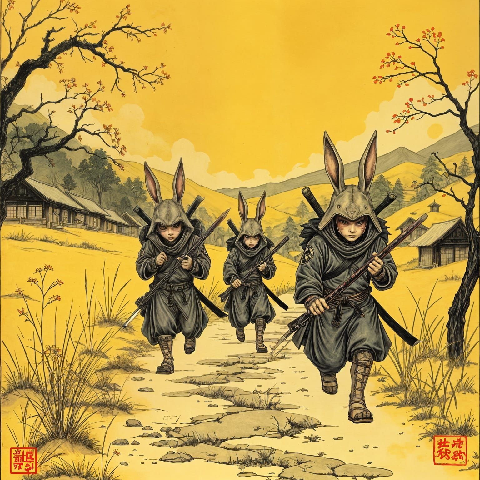 Surreal Ninja Bunnies Stroll Down a Faded Yellow Path in Tra...