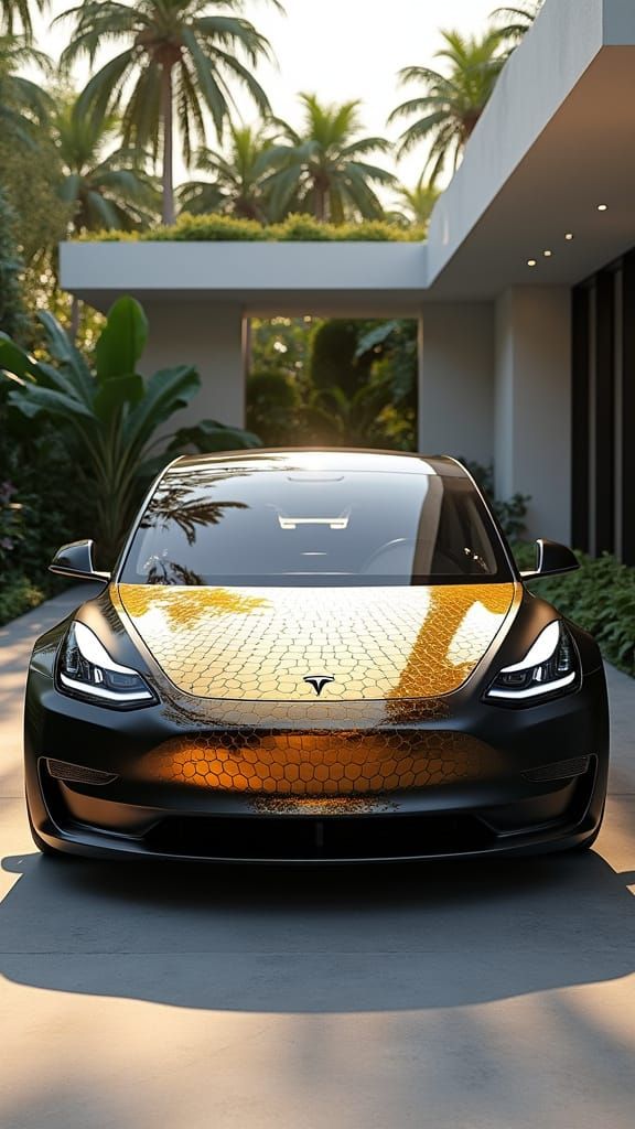Tesla Model 3 with Gold Hexagonal Pattern in 8K UHD