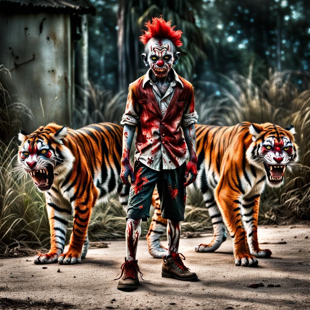 Zombie Monkey Clown with Zombie Bengal Tigers