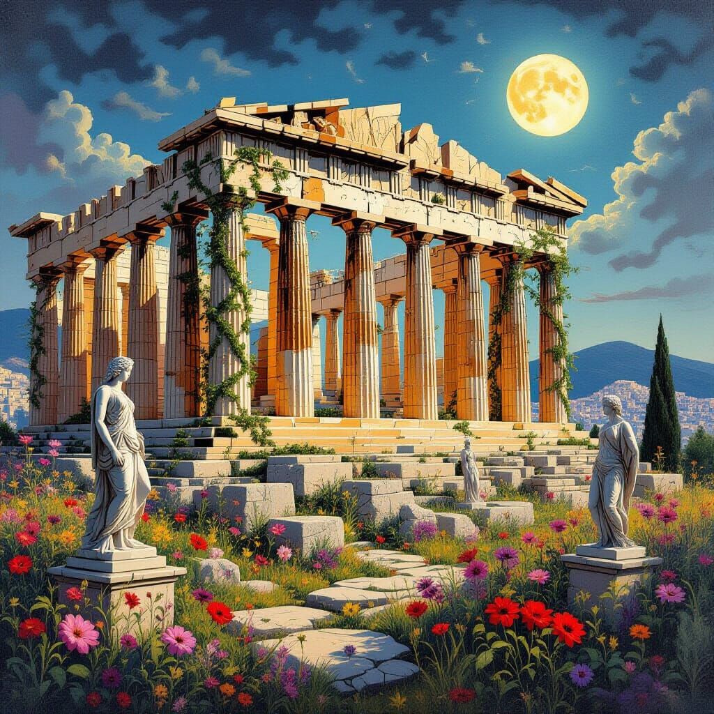 Surreal Parthenon Ruins Emerge in Moonlit Floral Dreamscape