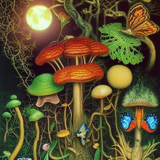 Luminous Night Forest with Fungi and Creatures