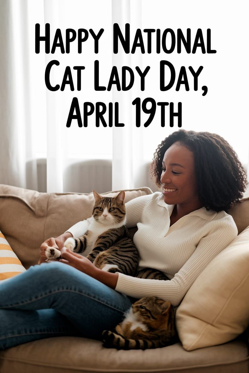 Warm Moment of a Black Woman with Her Cats Celebrating Natio...