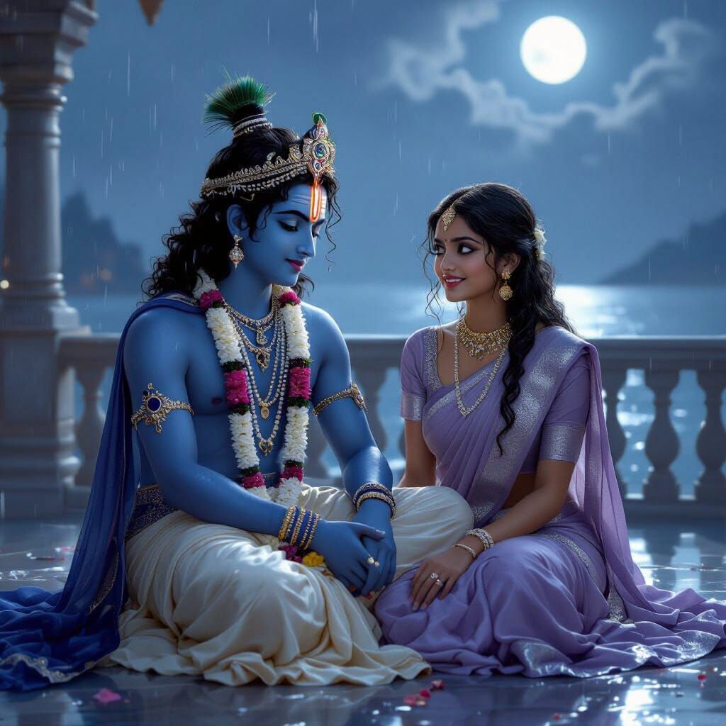 Romantic Krishna and Girl on Terrace in Poetic Realism