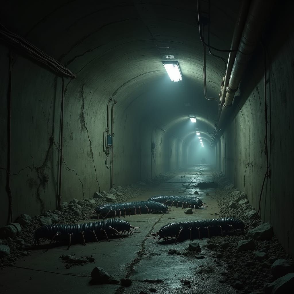 Hyper-Realistic Centipedes in Dimly Lit Tunnel