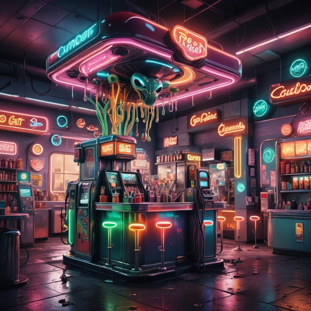 Futuristic Gas Station with Alien Neon, Splash Art