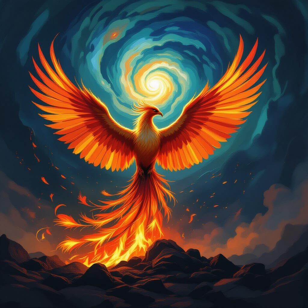 Majestic Phoenix Rises from Ashes in Van Gogh Style