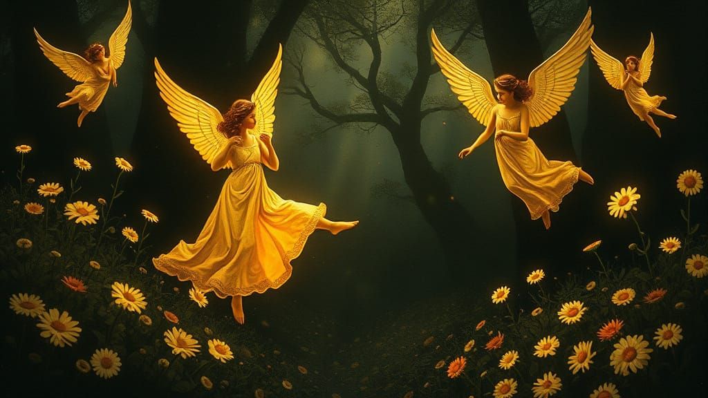 Angels Dancing in a Dreamlike Garden Scene