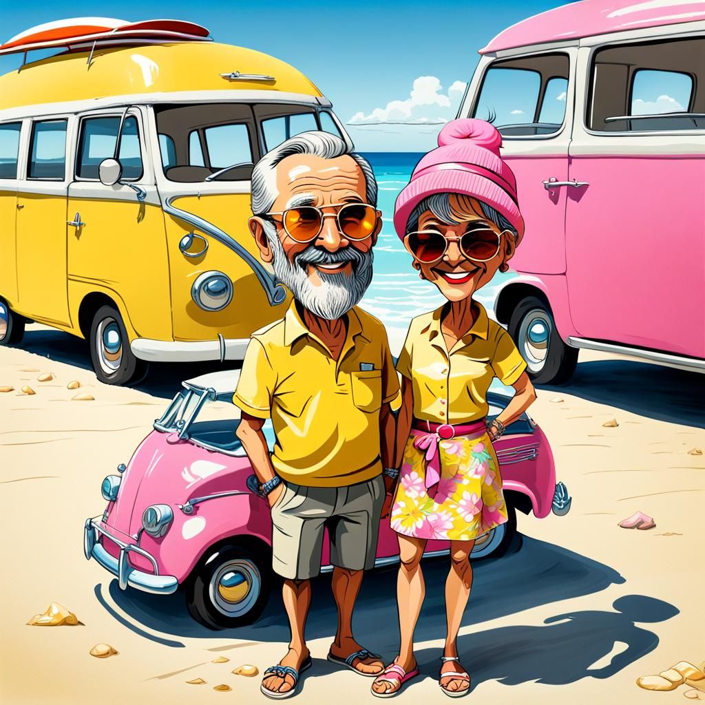 Two elderly caricature chibi characters enjoying a sunny day...