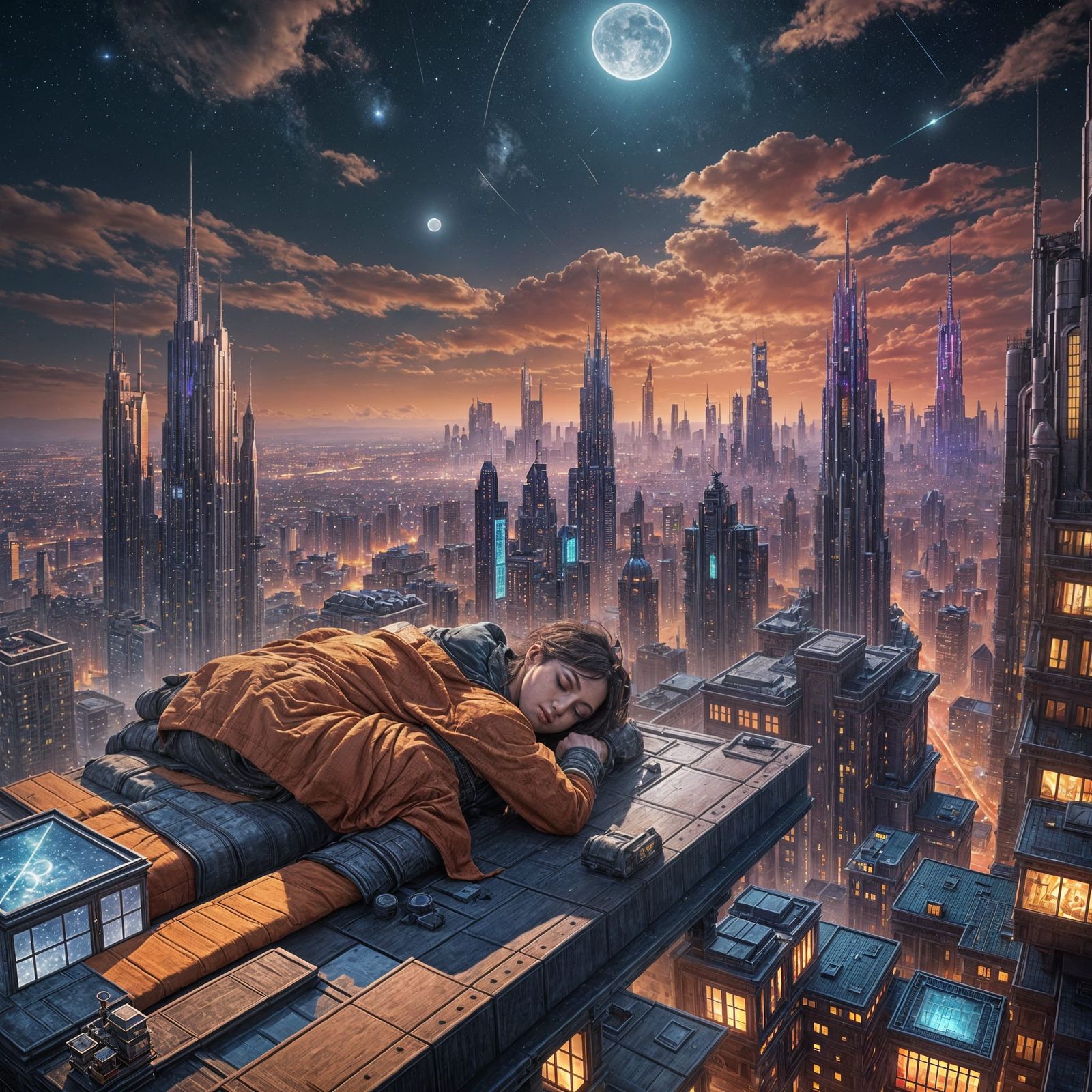 Rooftop Dreamer in Moonlit City: Fantasy Concept Art