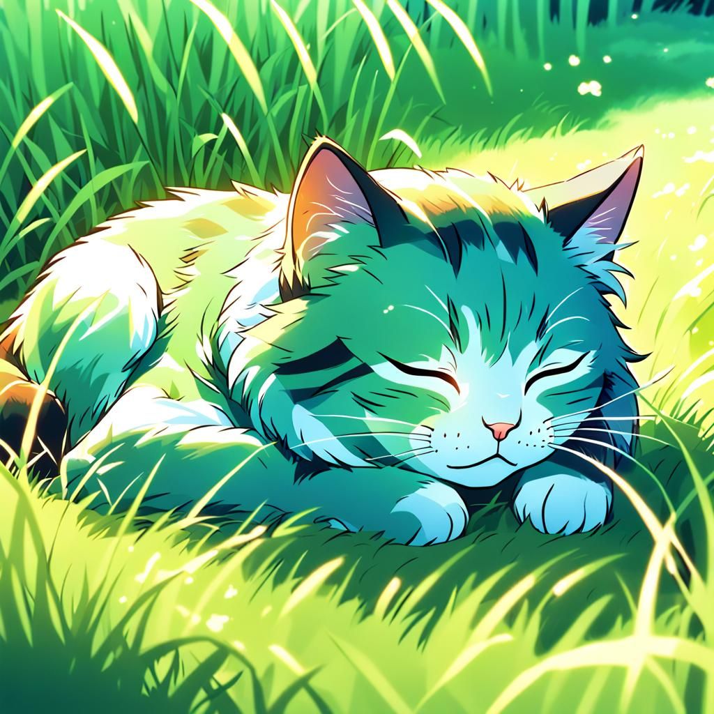 Cat Sleeping in Grass: Cel-Shaded Anime Style