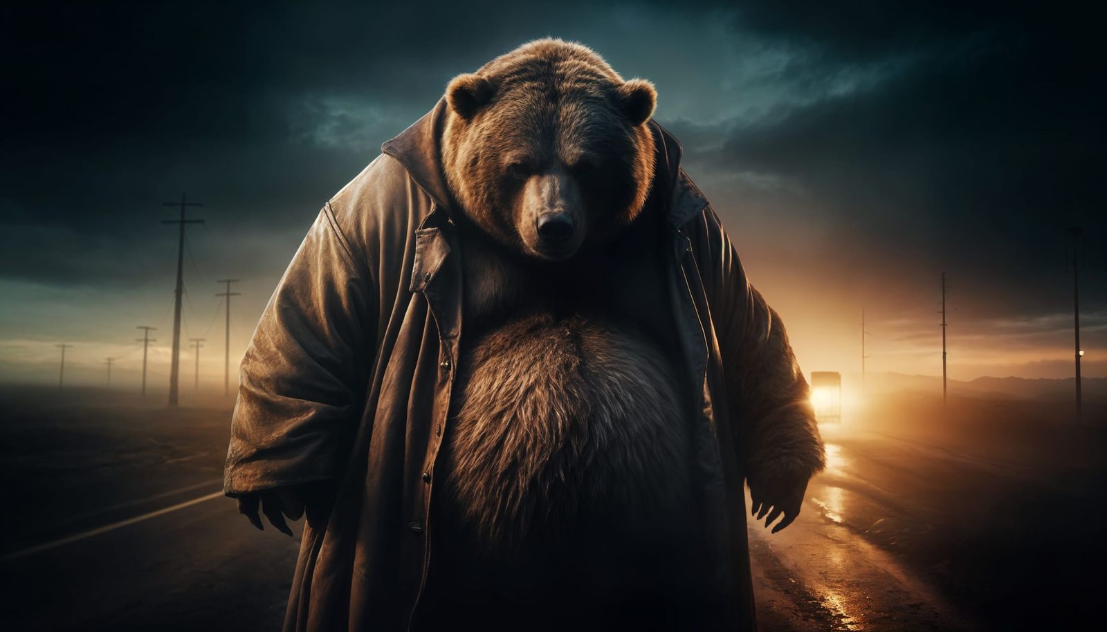 Kodiak Bear in Duster on Desolate Road: Dark Fantasy Art