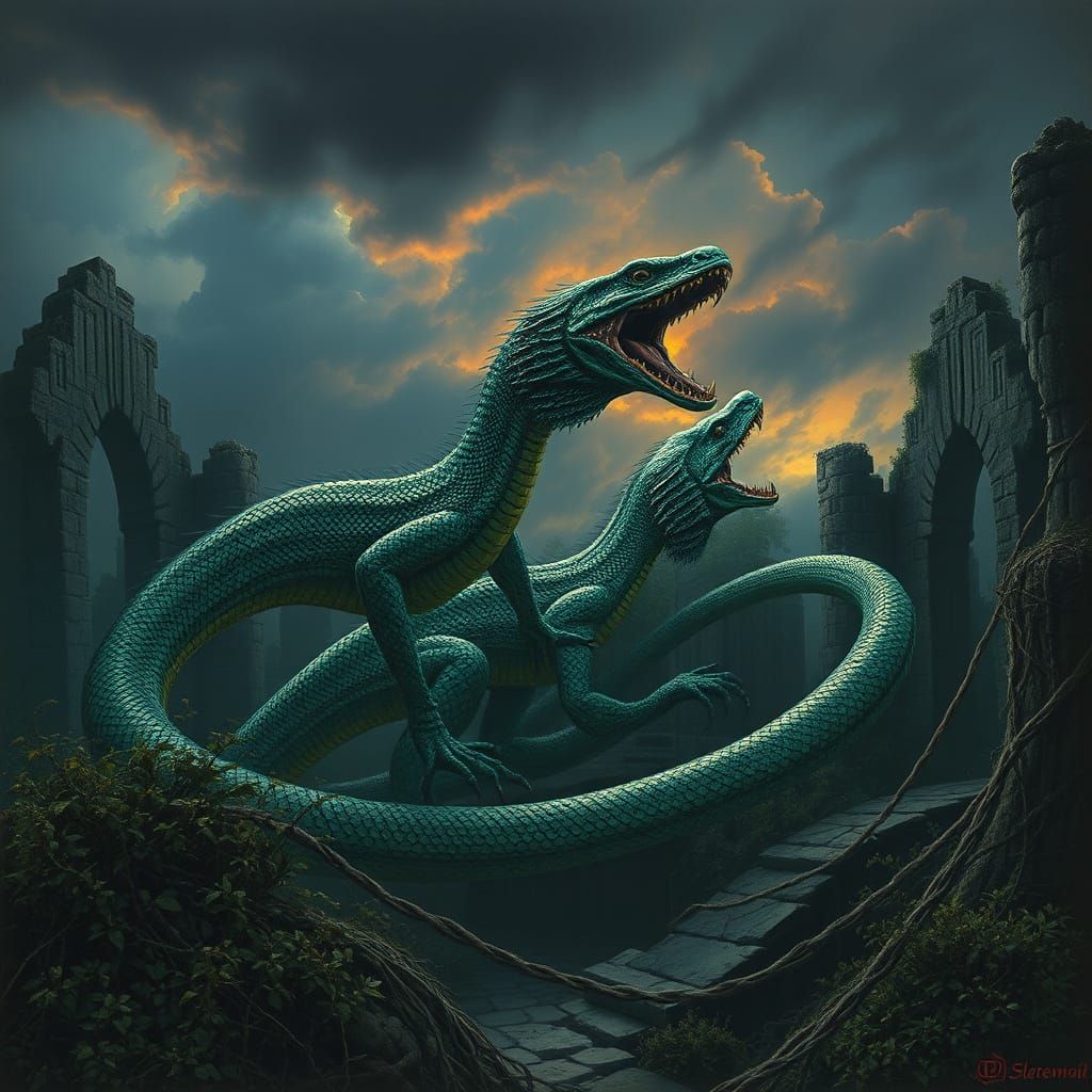 Menacing Basilisks Coil in Stormy Ruins: Dark Fantasy Art