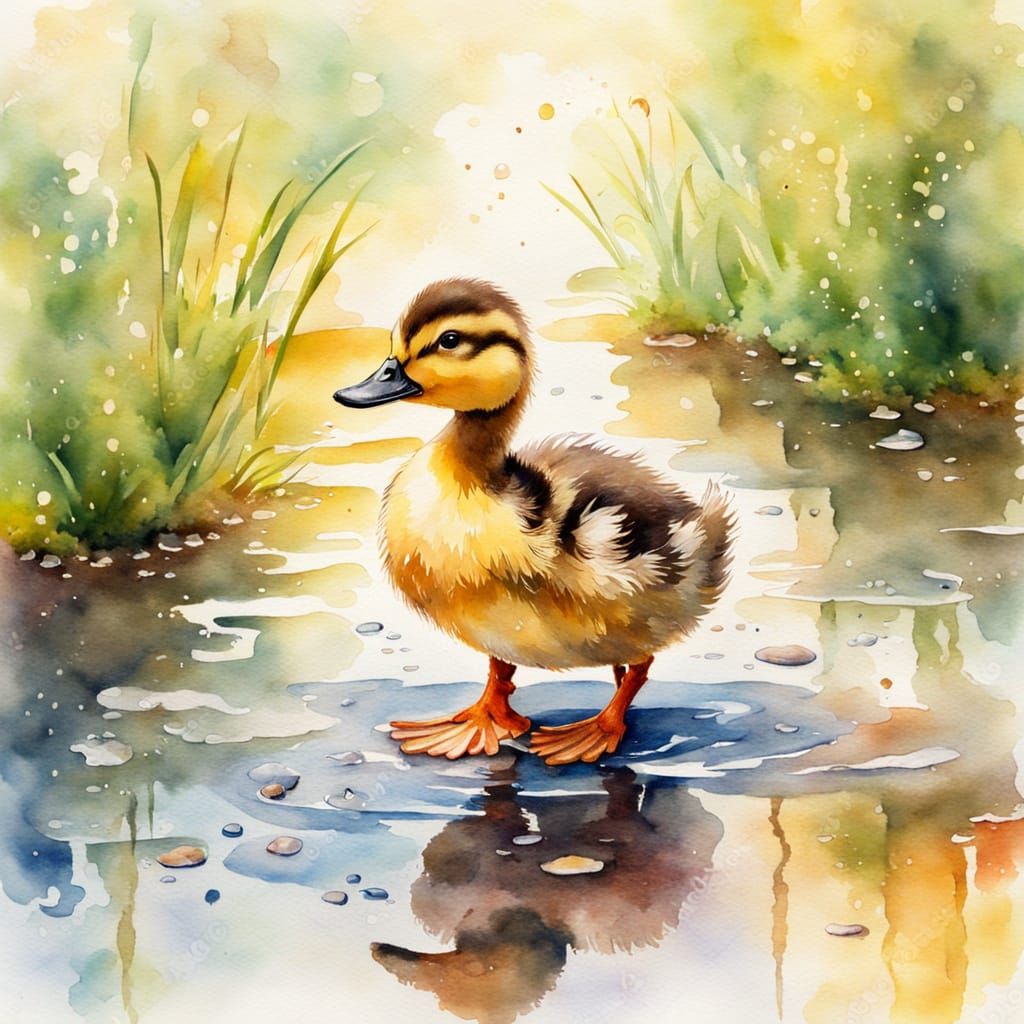 Happy Duckling Dances on a Puddle as Watercolor