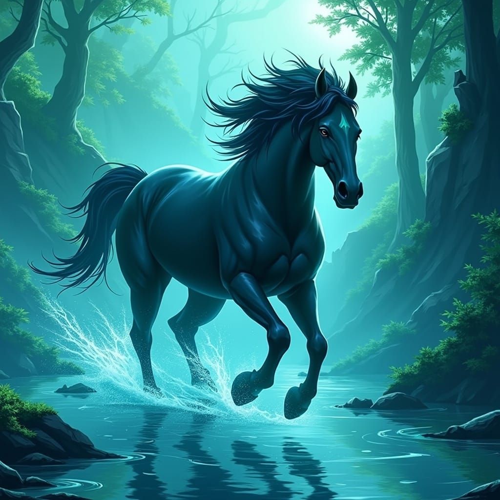 Wild Horse Galloping Through River in Grimepunk Style