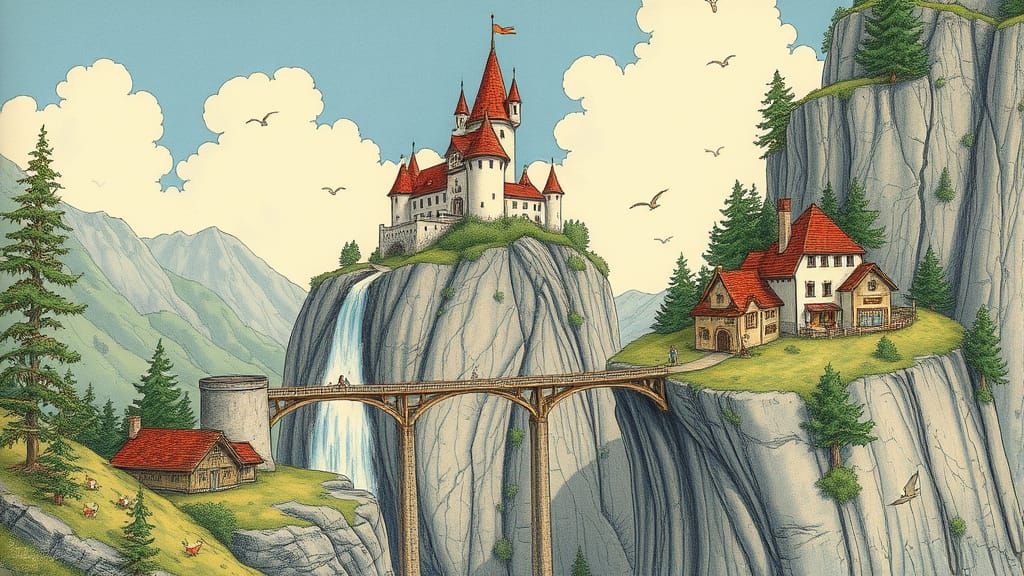 Whimsical Castle on a Steep Cliff with a Waterfall and Villa...