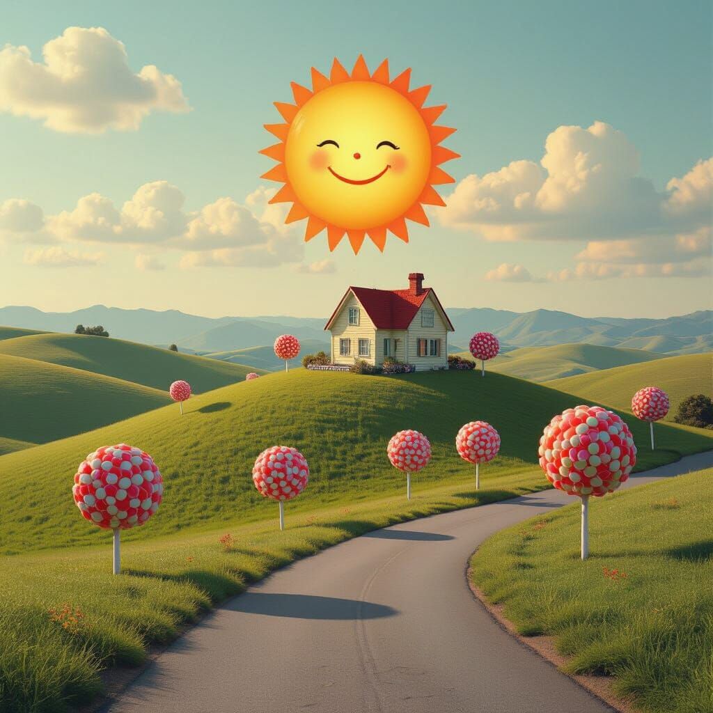 Dreamcore Polaroid: Candy Trees on Grassy Hills