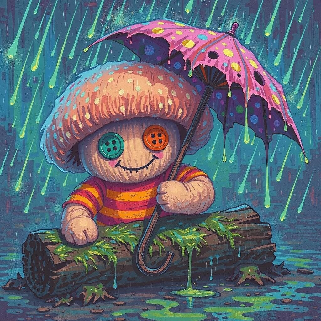 Whimsical Mushroom Plush Toy in Post-Apocalyptic Scene