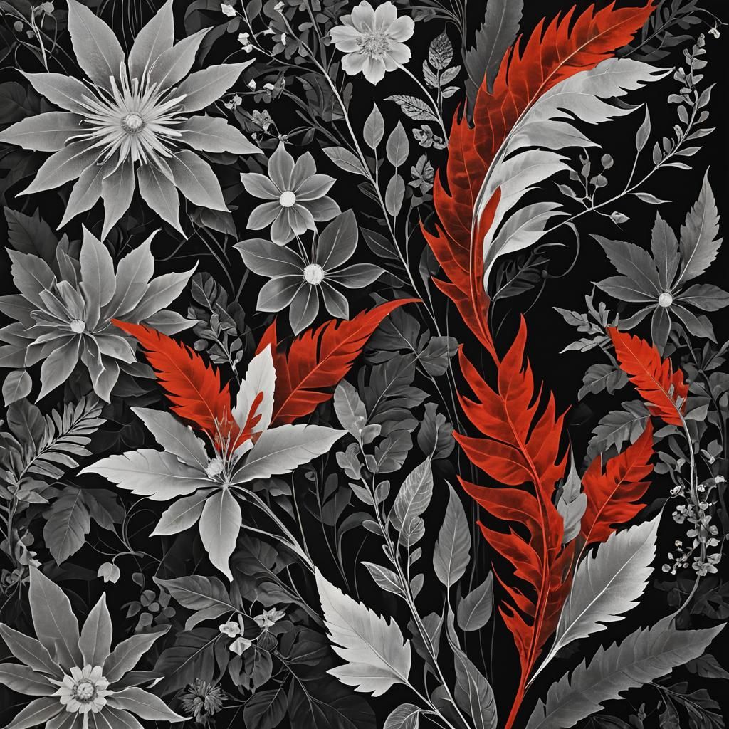 Rayograph Photogram: Abstract Floral Silhouettes in Black an...