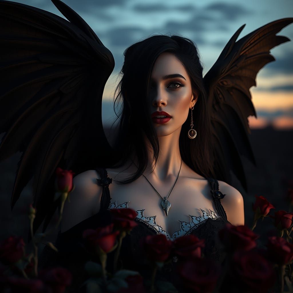 Vampire Queen in Black Rose Field: Dark Fantasy Art