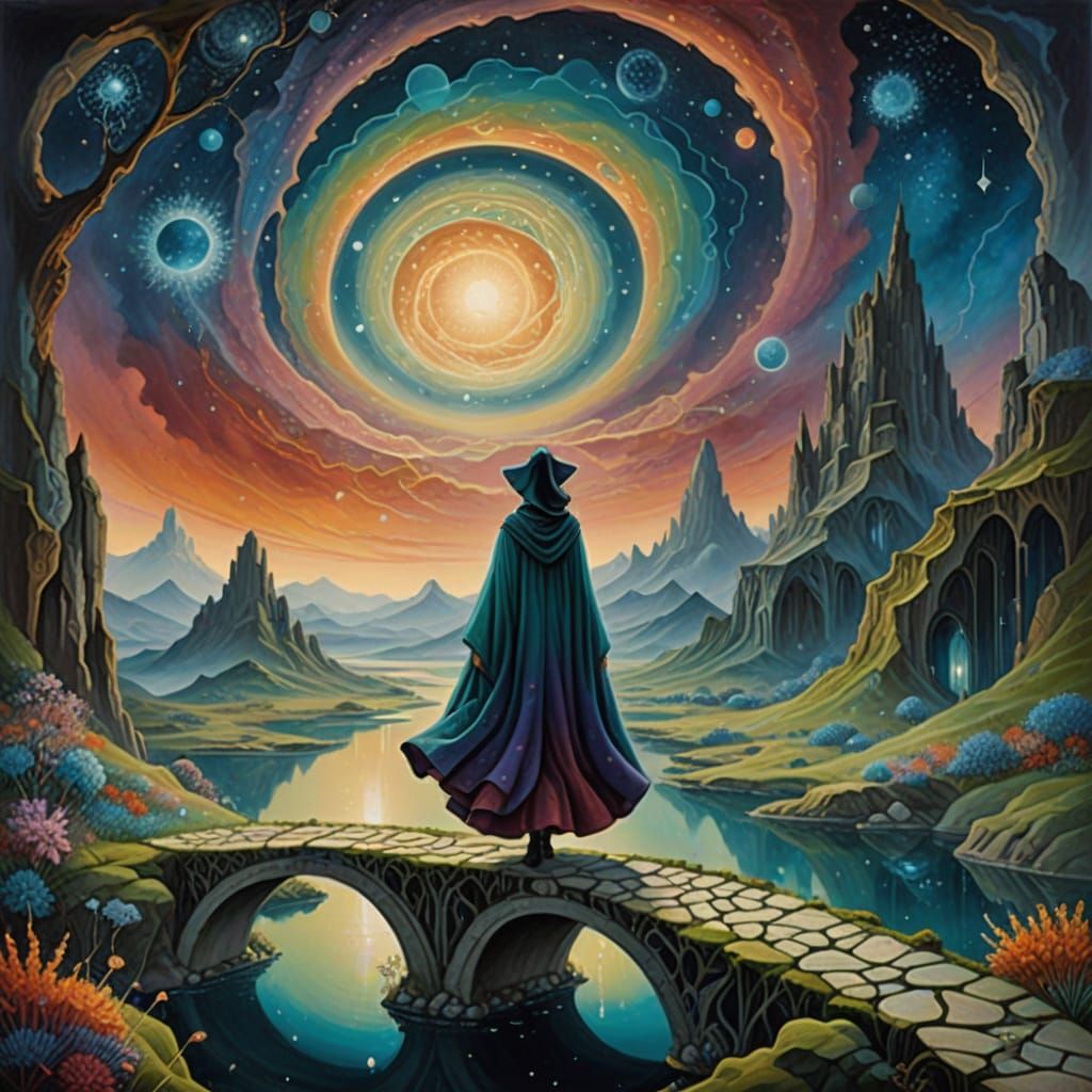 Surreal Landscape: Woman on Energy Bridge Between Floating I...