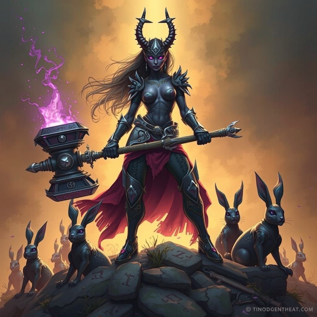 Drow Warrior Victory with Robot Rabbits in Dark Fantasy Styl...