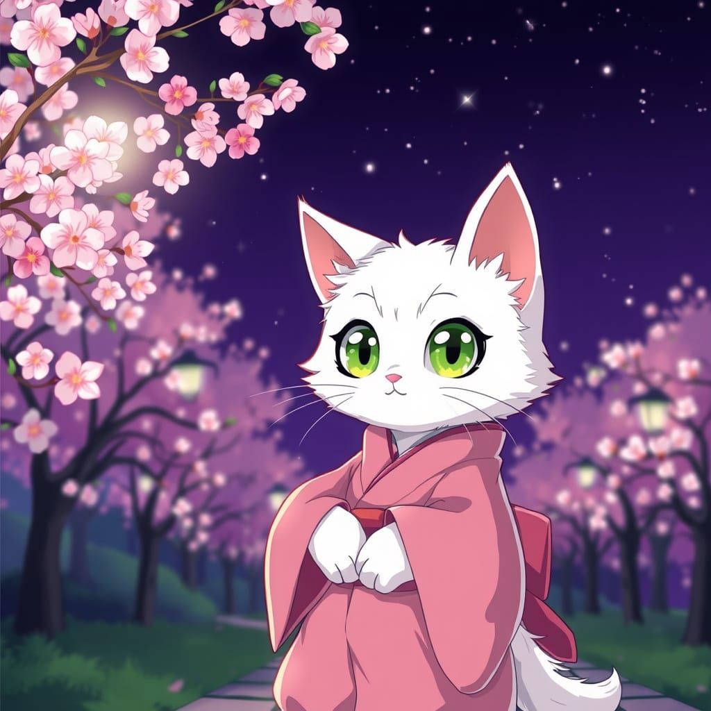 Cute Cartoon Cat in Cherry Blossom Park at Night