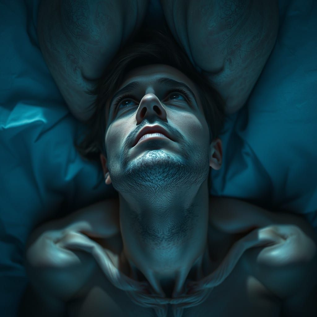 Surreal Figure Observes Physical Form with Unblinking Gaze