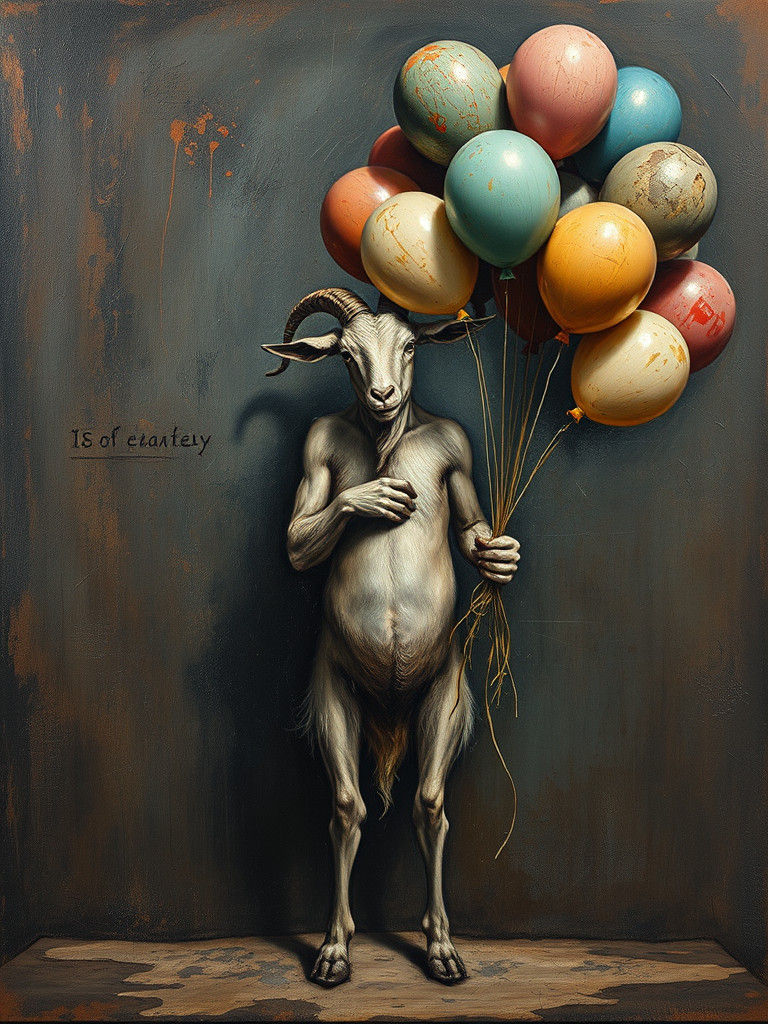 Surreal Goat-Man with Balloons, Oil Painting