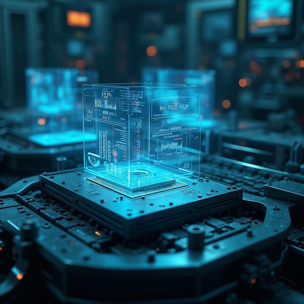 Photorealistic Industrial Machinery with Neon Holograms