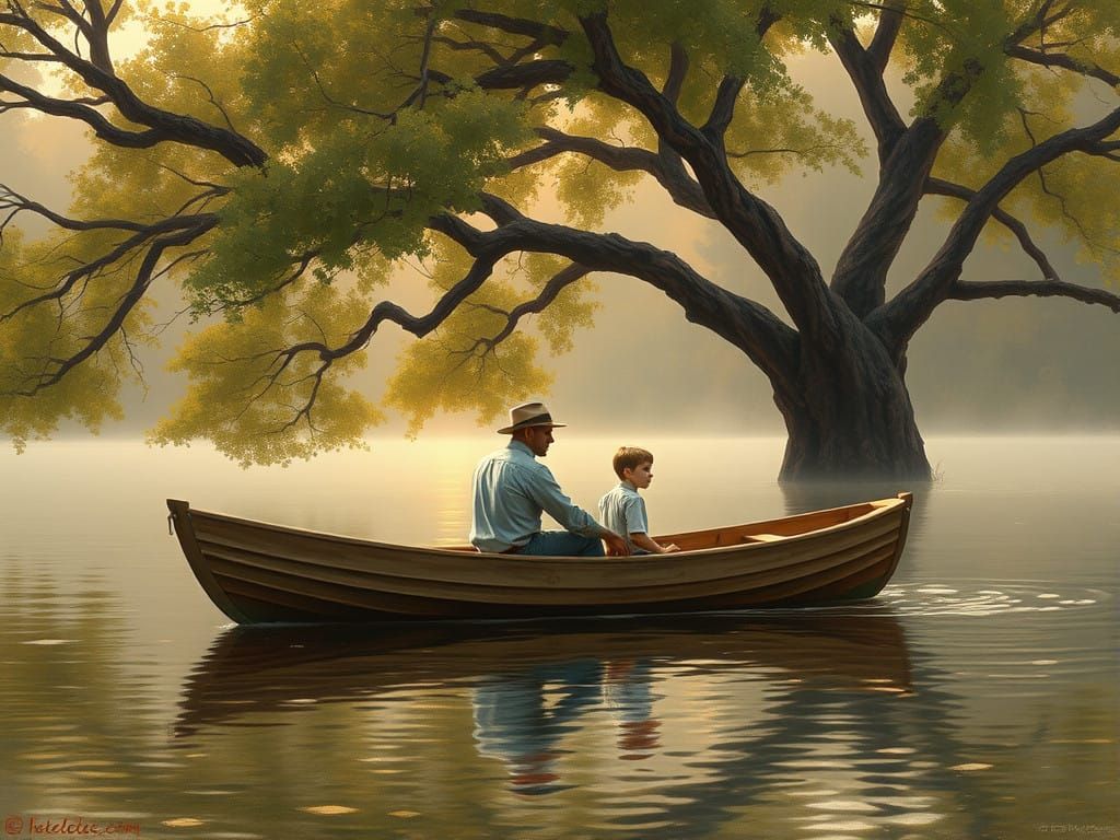 Serene Gentleman and Boy Fishing Amidst Majestic Woodland
